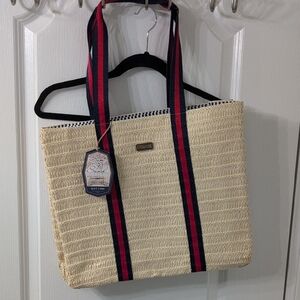 Sun And Sand beach Beige Tote with Red and Navy Stripes